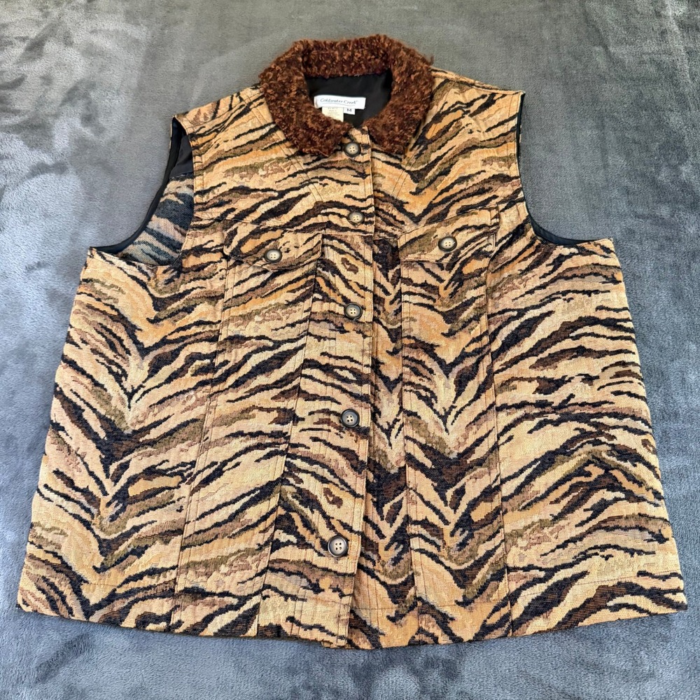 Coldwater Creek Tiger Print Tapestry Vest Fuzzy Collar Sleeveless Womens Medium - Picture 1 of 8